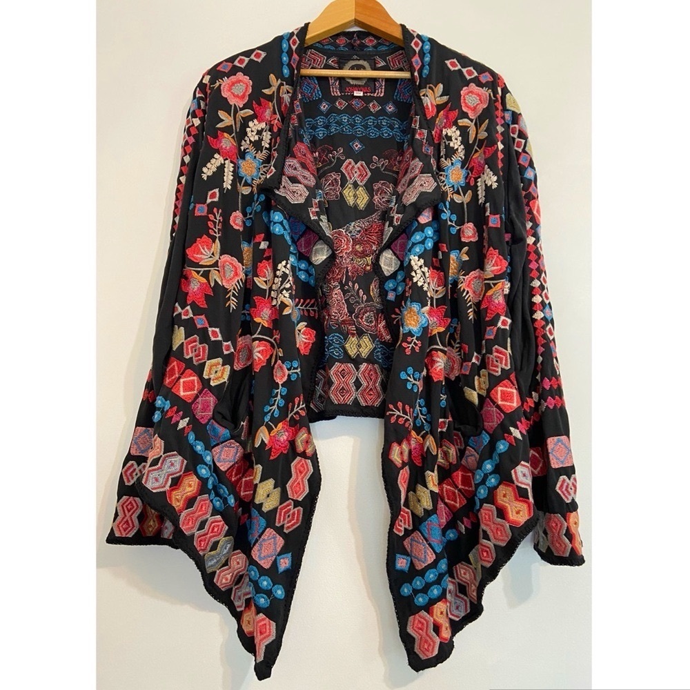 Johnny Was Biya Swalt Short Wrap Floral Embroidered Waterfall Jacket Size L